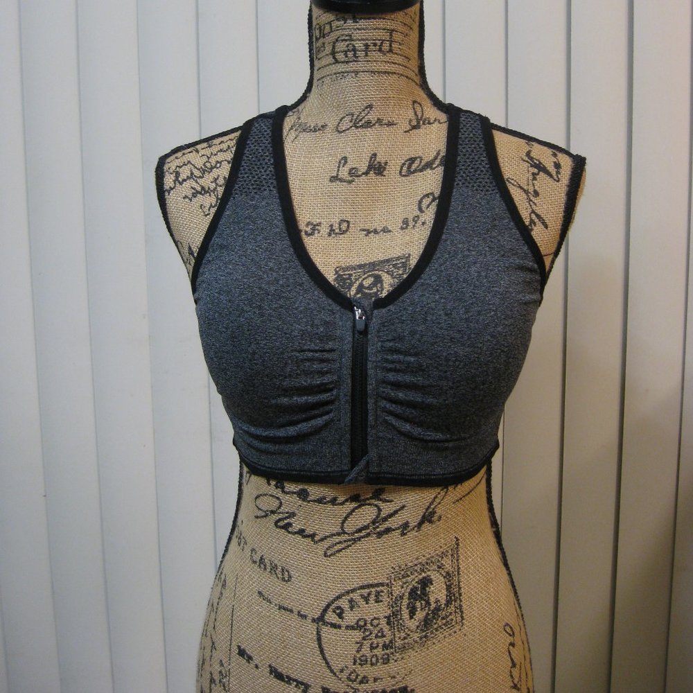 NWOT gray zip front sports bra M med